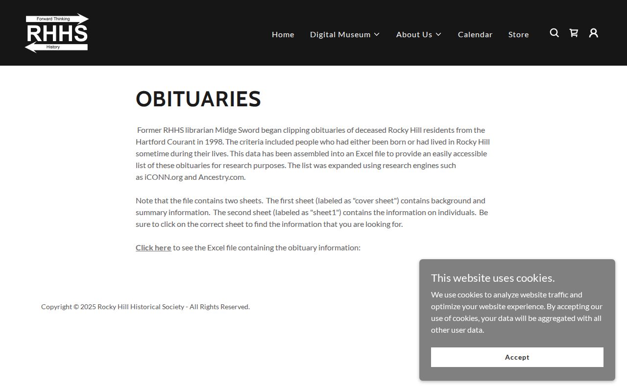 Rocky Hill previous residents historical society obituary collection